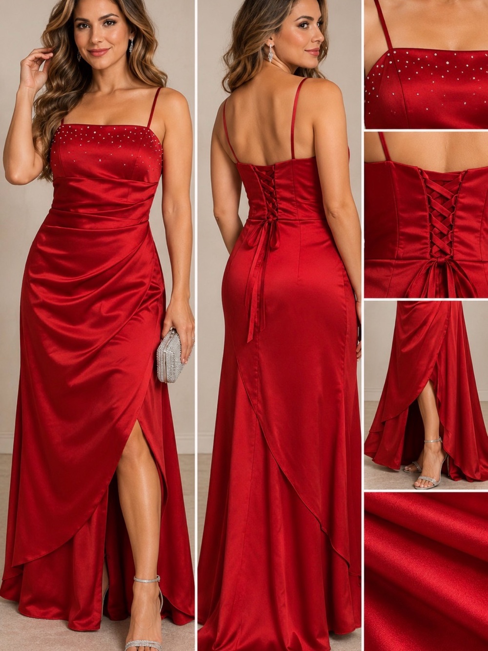 Bari Jay Red Satin Holiday Party Prom Dress Gown with Rhinestone Bodice